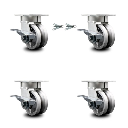Service Caster 4 Inch Kingpinless V Groove Semi Steel Wheel Caster Brakes 2 Swivel Locks, 4PK SCC-KP30S420-VGR-SLB-BSL-2-SLB-2